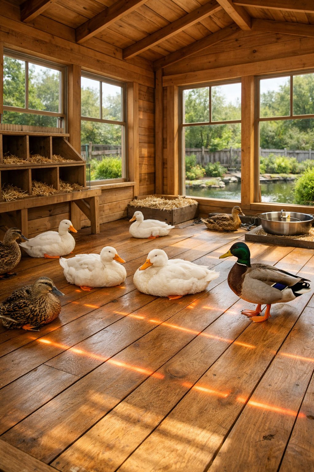 A spacious wooden duck coop with ducks inside and heated floors, surrounded by greenery.