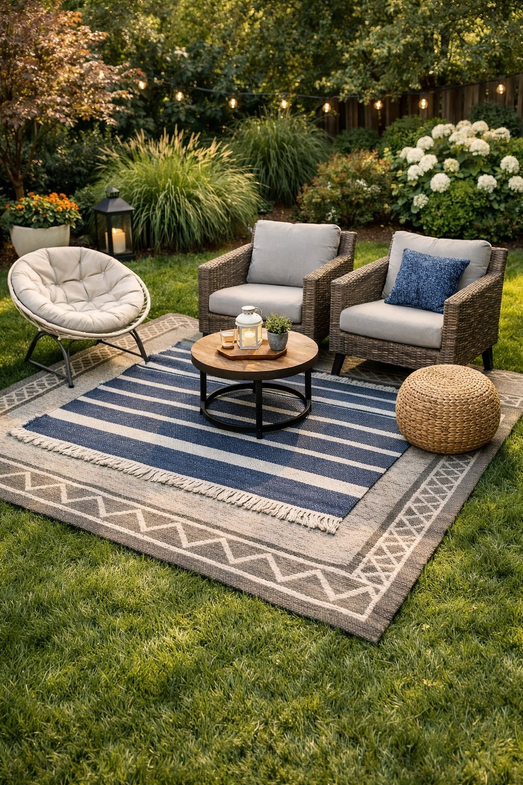 A backyard chill zone with outdoor rugs on green grass, surrounded by plants and outdoor seating.