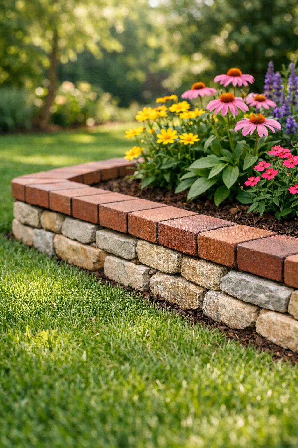 A backyard garden with a neatly arranged border made of bricks and stones surrounding a flower bed.
