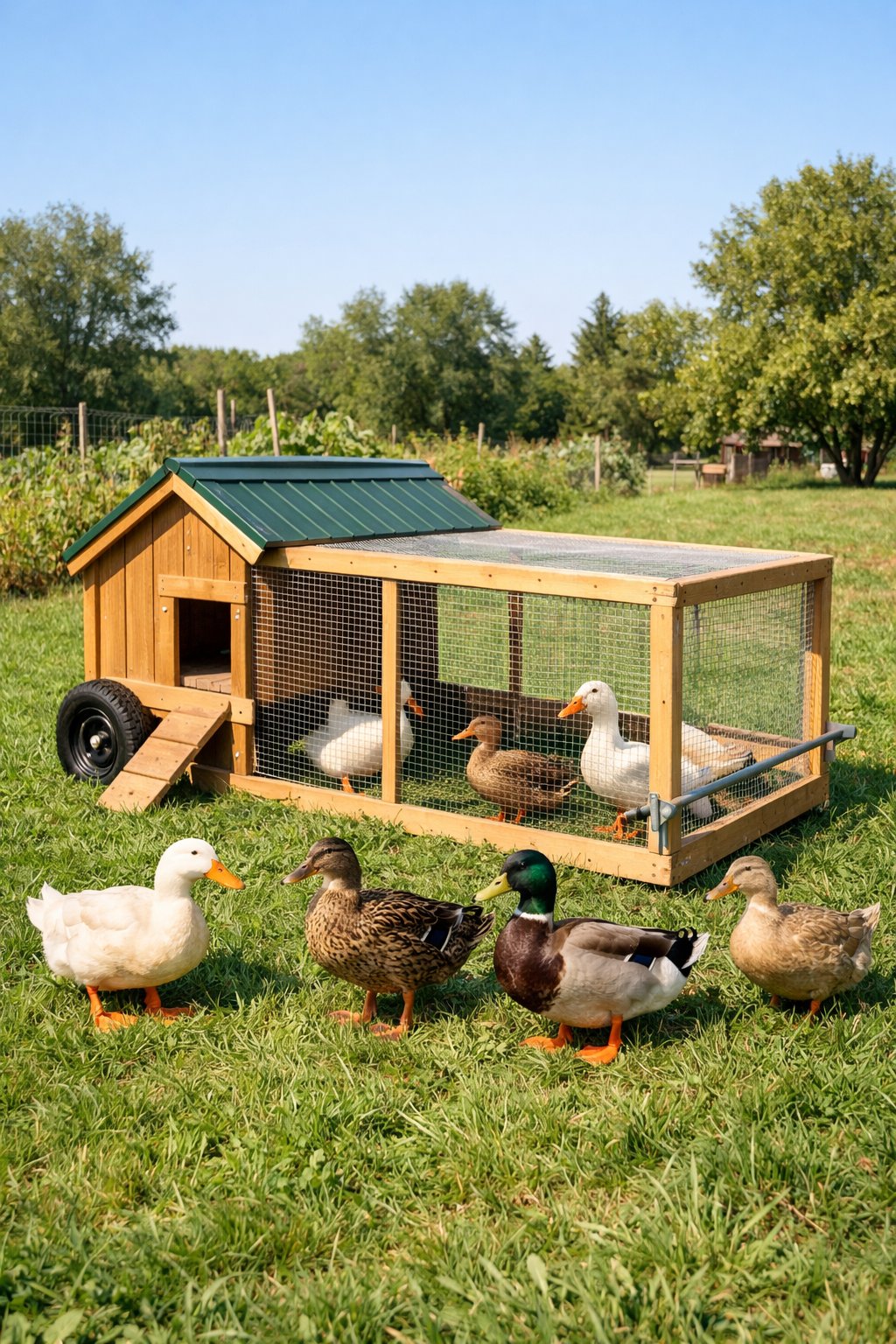 A portable wooden duck coop with mesh sides on green grass, surrounded by several ducks in a sunny outdoor farm setting.