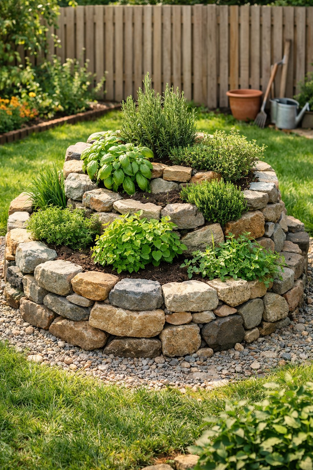 A small spiral garden made of stones filled with various green herbs in a backyard with grass and a wooden fence.