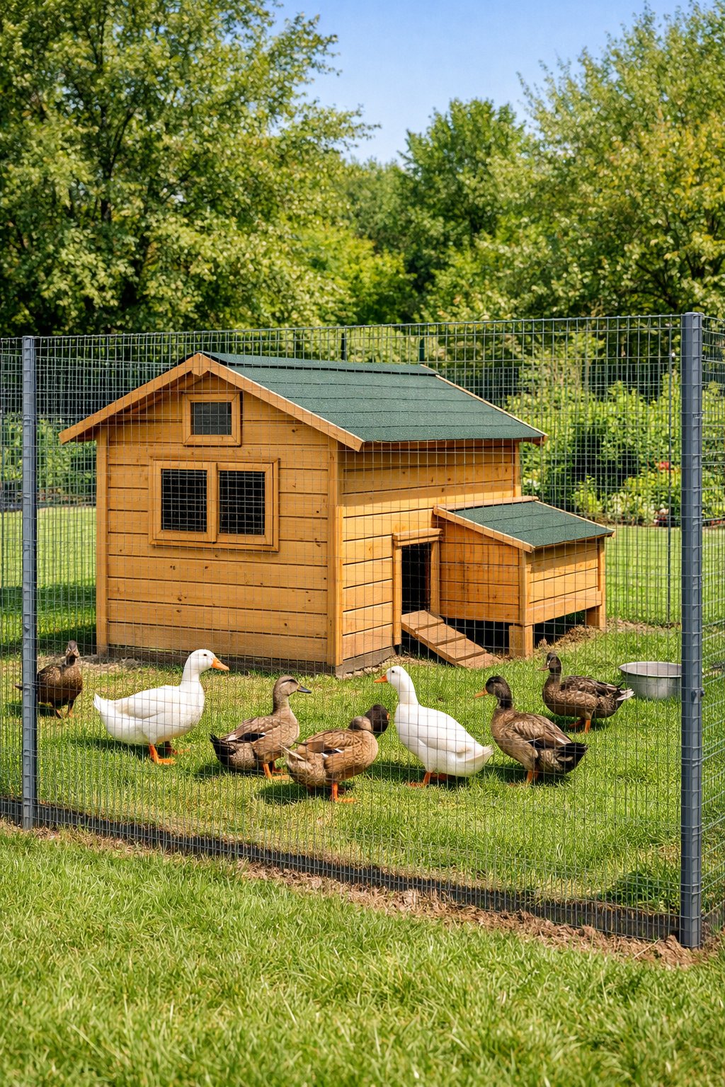 A wooden duck coop enclosed by tall wire mesh fencing with ducks walking inside on green grass.