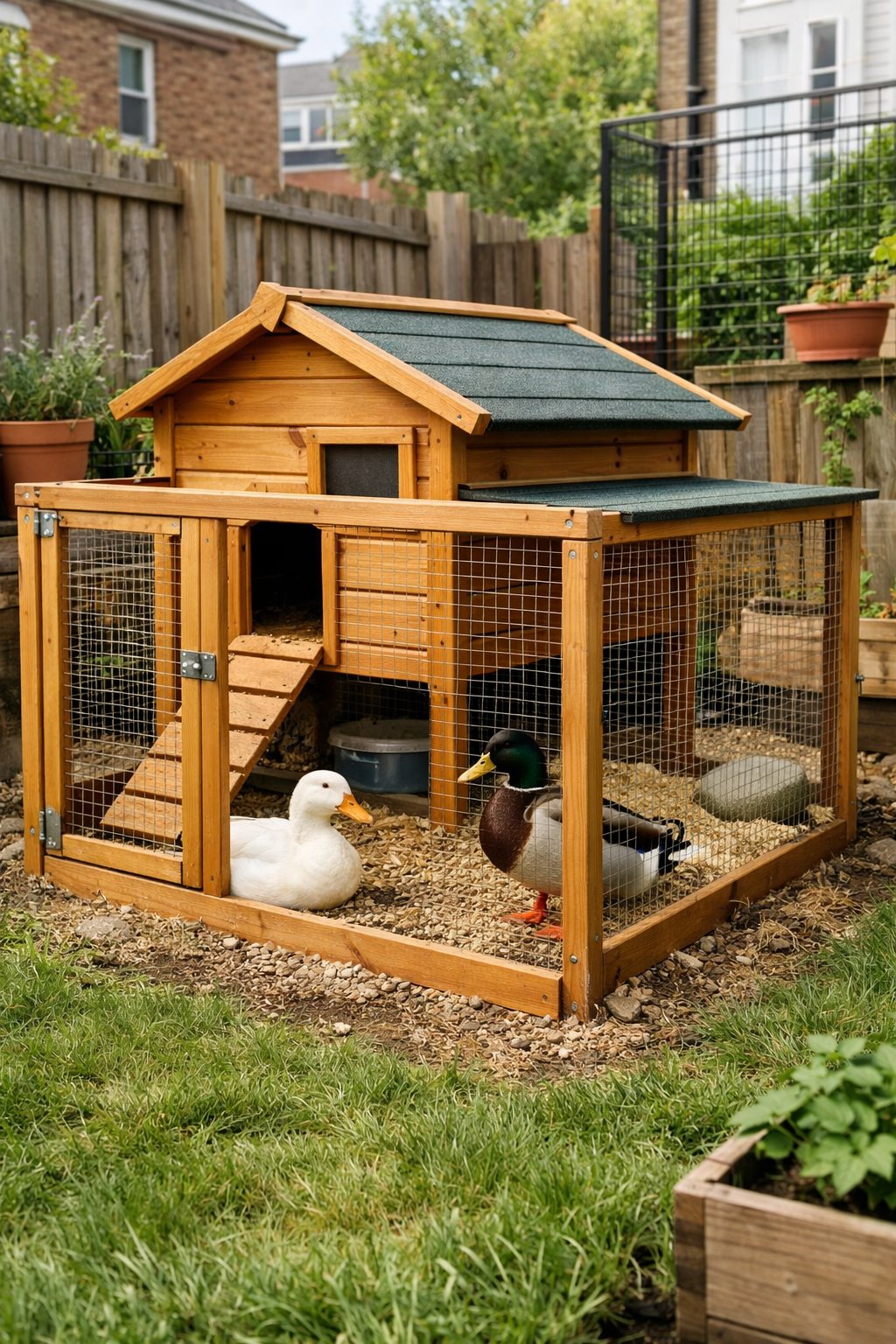 A small wooden duck coop with a wire mesh enclosure in a backyard, with two ducks inside and urban surroundings.