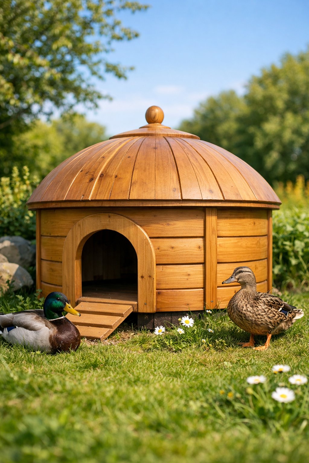 A round wooden duck house outdoors with ducks nearby on green grass and trees in the background.