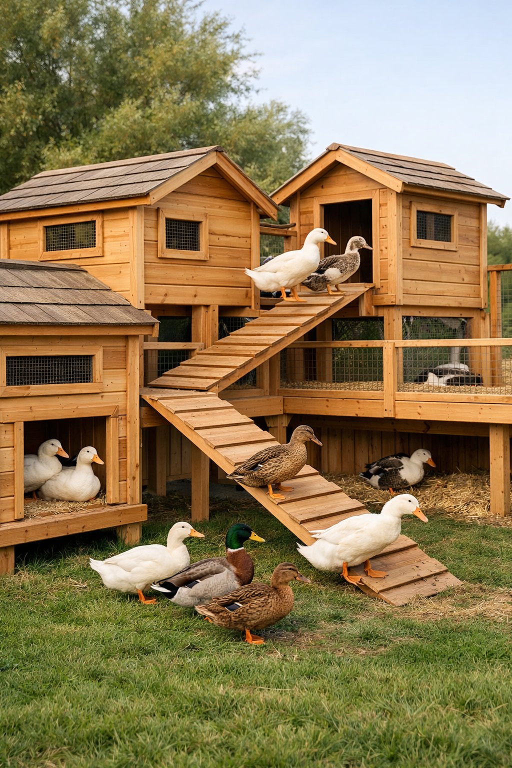A multi-level duck coop with ramps and ducks moving between levels outdoors.