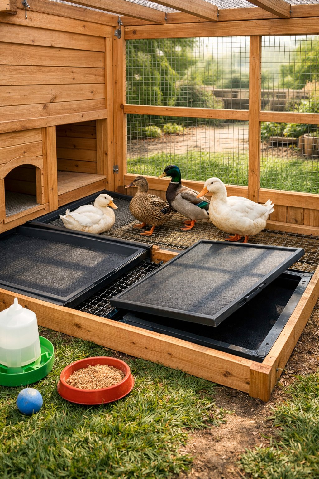 A duck coop with removable floor panels partially lifted, showing ducks inside and a clean outdoor setting.