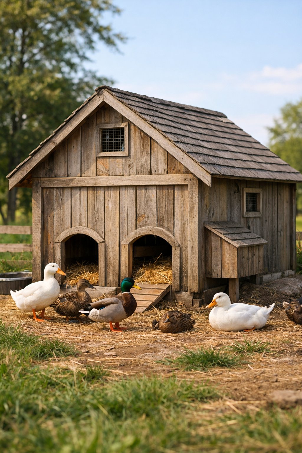 A rustic wooden duck shelter outdoors with ducks nearby on grass under a clear sky.