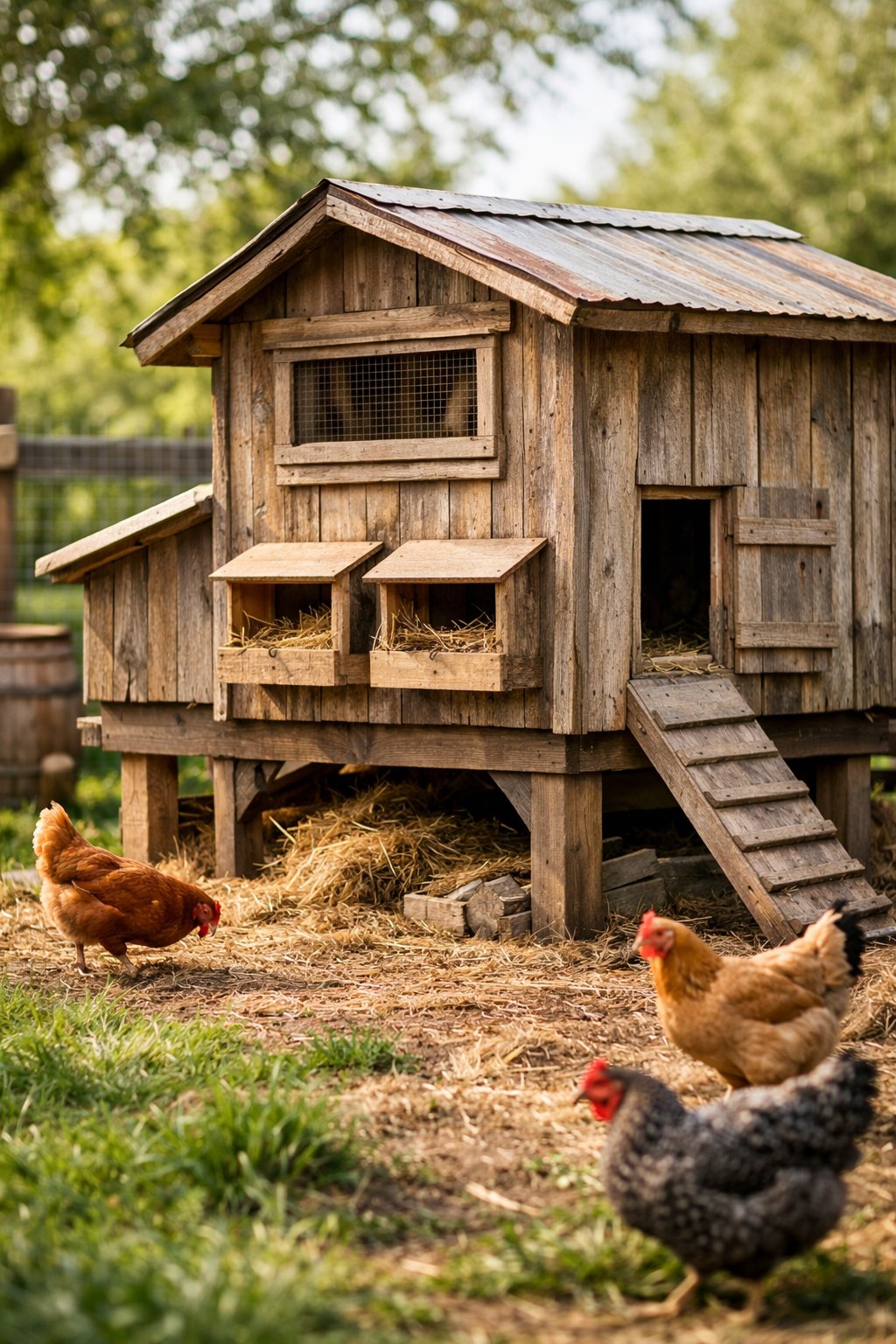 A rustic wooden chicken coop with weathered siding in a green backyard with chickens nearby.