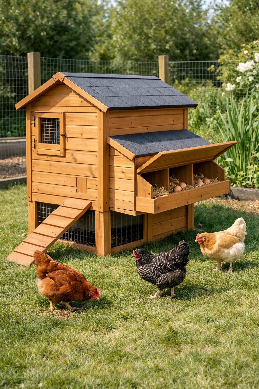 Compact wooden chicken house with built-in nesting boxes outdoors on grass with chickens nearby.