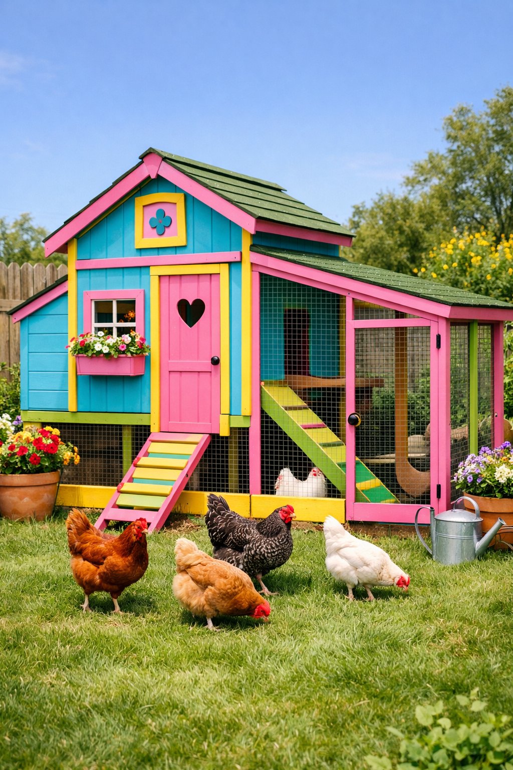 A colorful backyard chicken coop with bright paint surrounded by grass, flowers, and chickens.