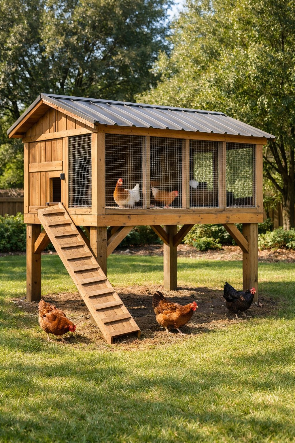 An elevated chicken coop raised on wooden stilts with chickens nearby in a grassy backyard.