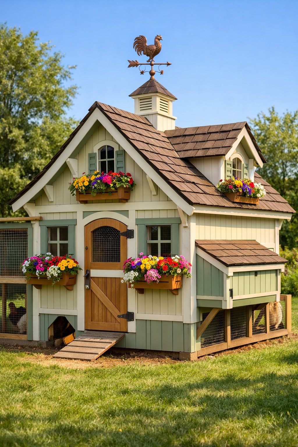 A chicken house with a shingled roof and flower boxes surrounded by grass and trees.