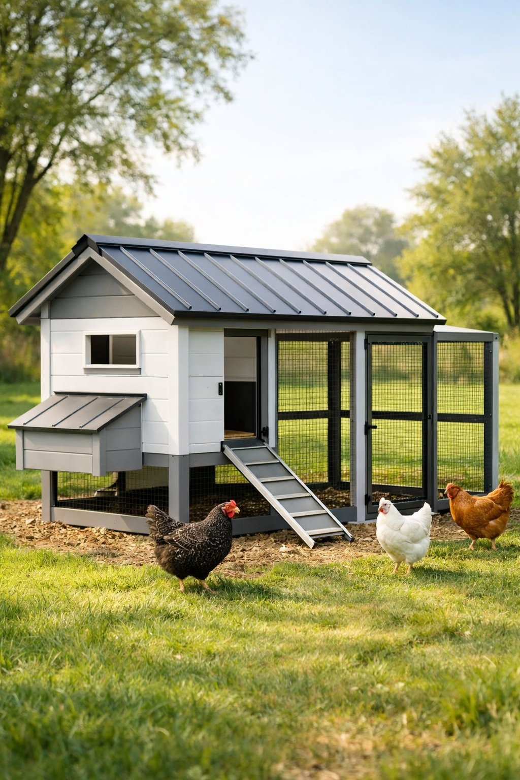 A modern chicken coop with a metal roof surrounded by chickens in a grassy outdoor setting.