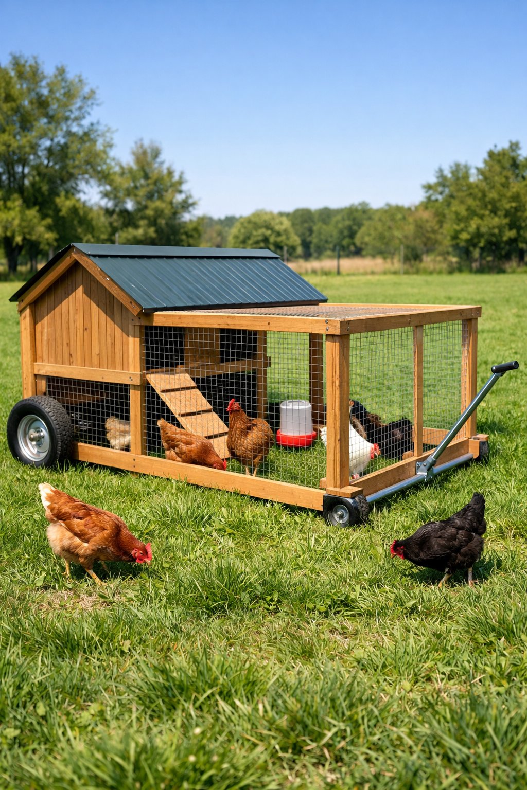 A portable chicken tractor on a grassy field with chickens inside and around it, set in a sunny outdoor farm environment.