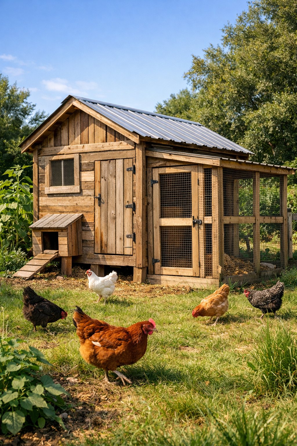 A chicken coop made from reclaimed pallet wood in a green backyard with chickens nearby.