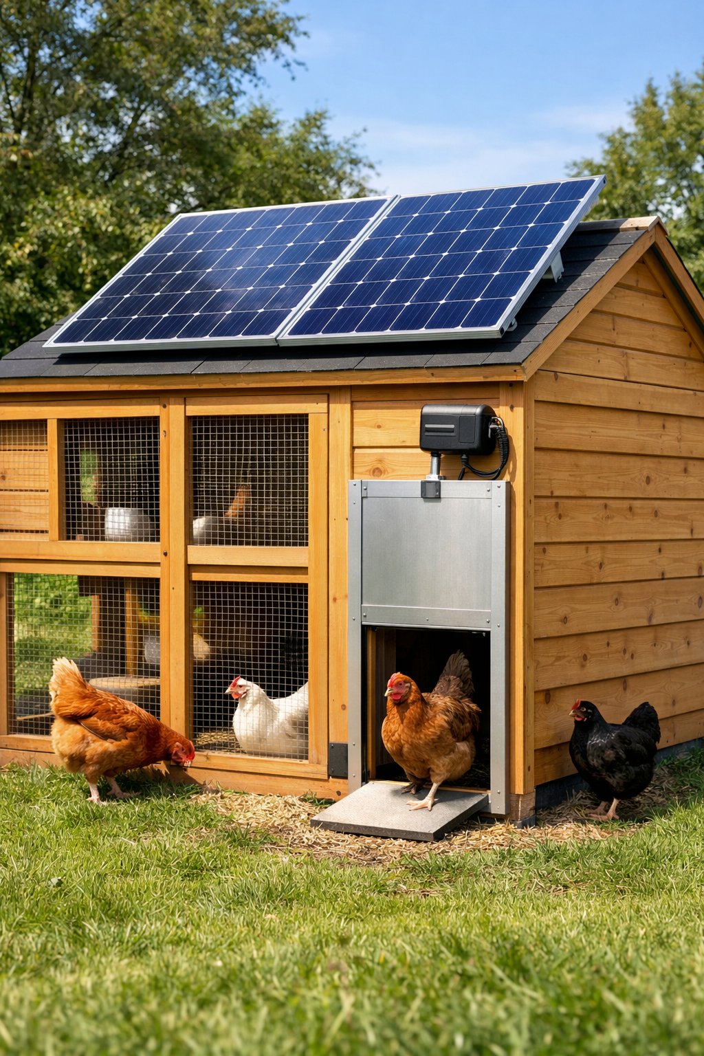 A wooden chicken coop with solar panels on the roof and an automatic door opener, surrounded by green grass and trees, with chickens nearby.
