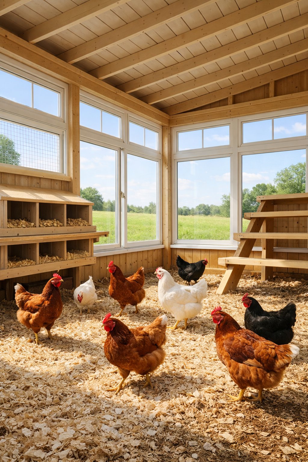 A spacious chicken coop with large windows letting in natural light and several chickens inside.