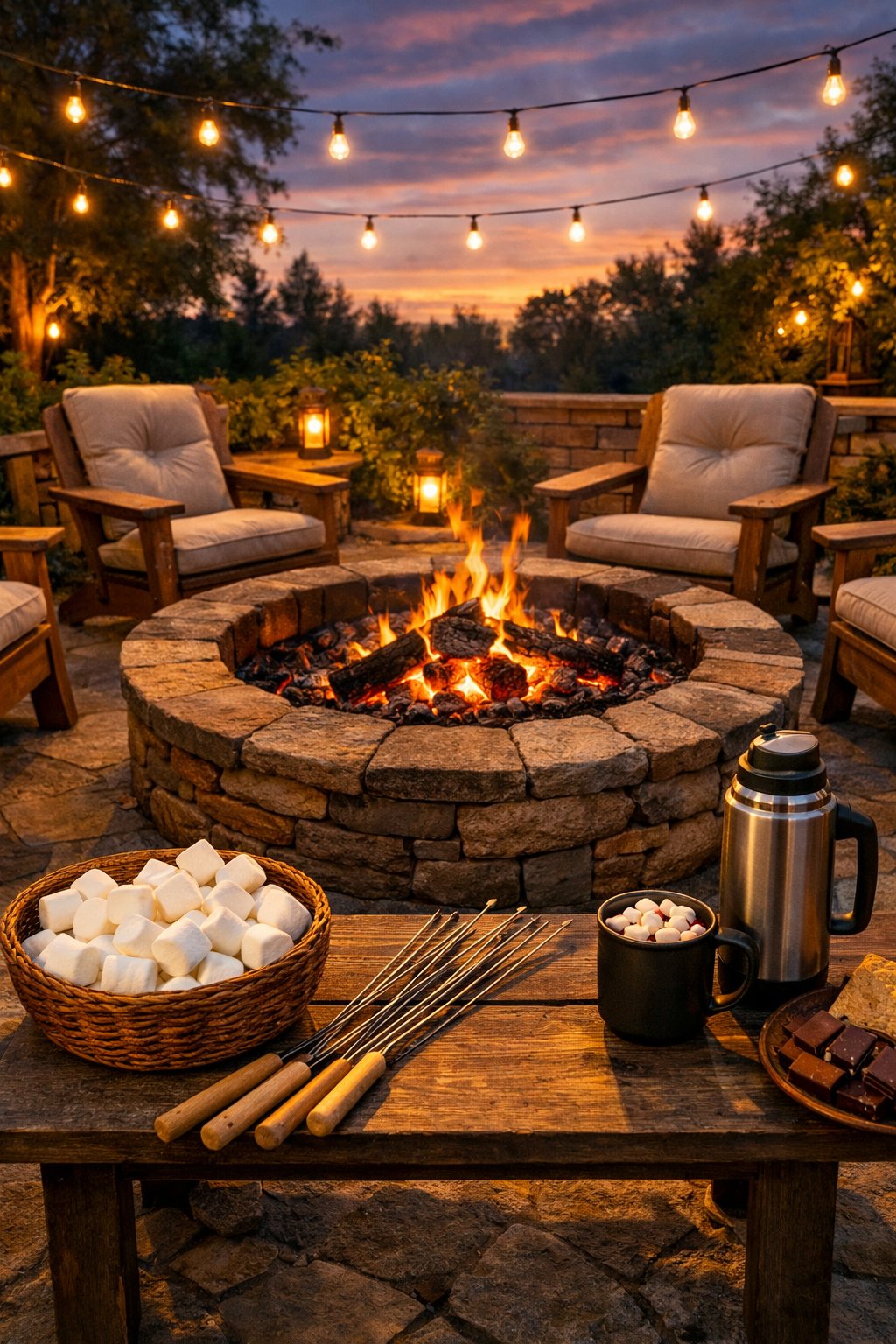 An outdoor fire pit corner with chairs and marshmallow roasting supplies on a patio surrounded by plants and string lights at twilight.