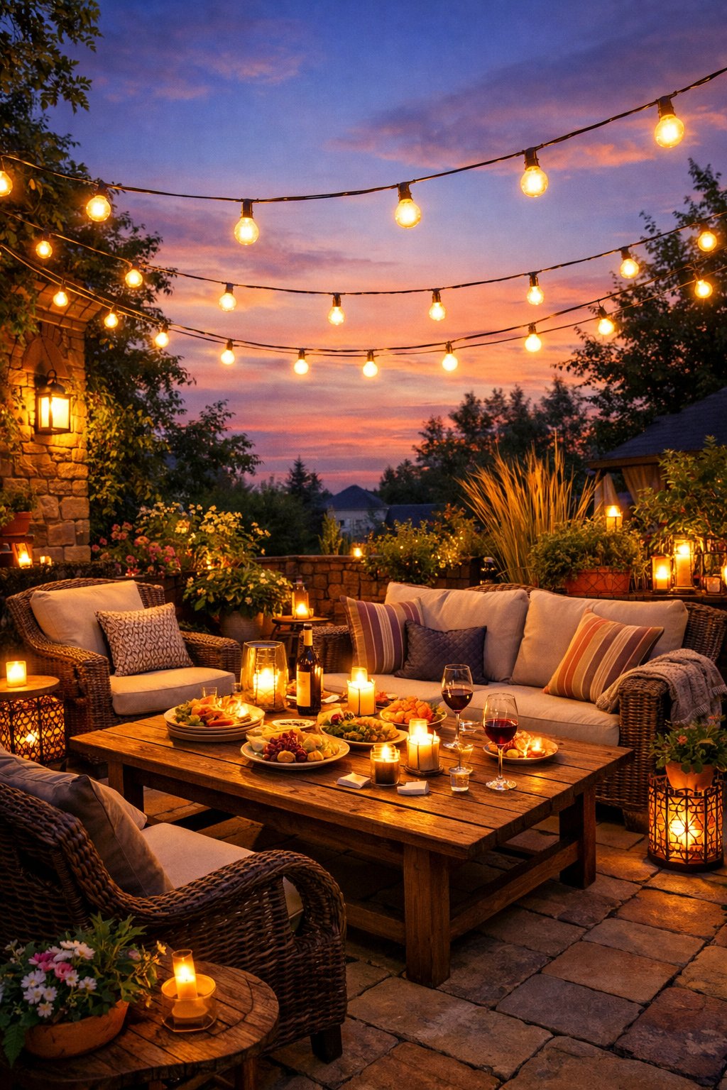 Outdoor patio with string lights overhead, comfortable seating, and plants creating a cozy gathering space at dusk.