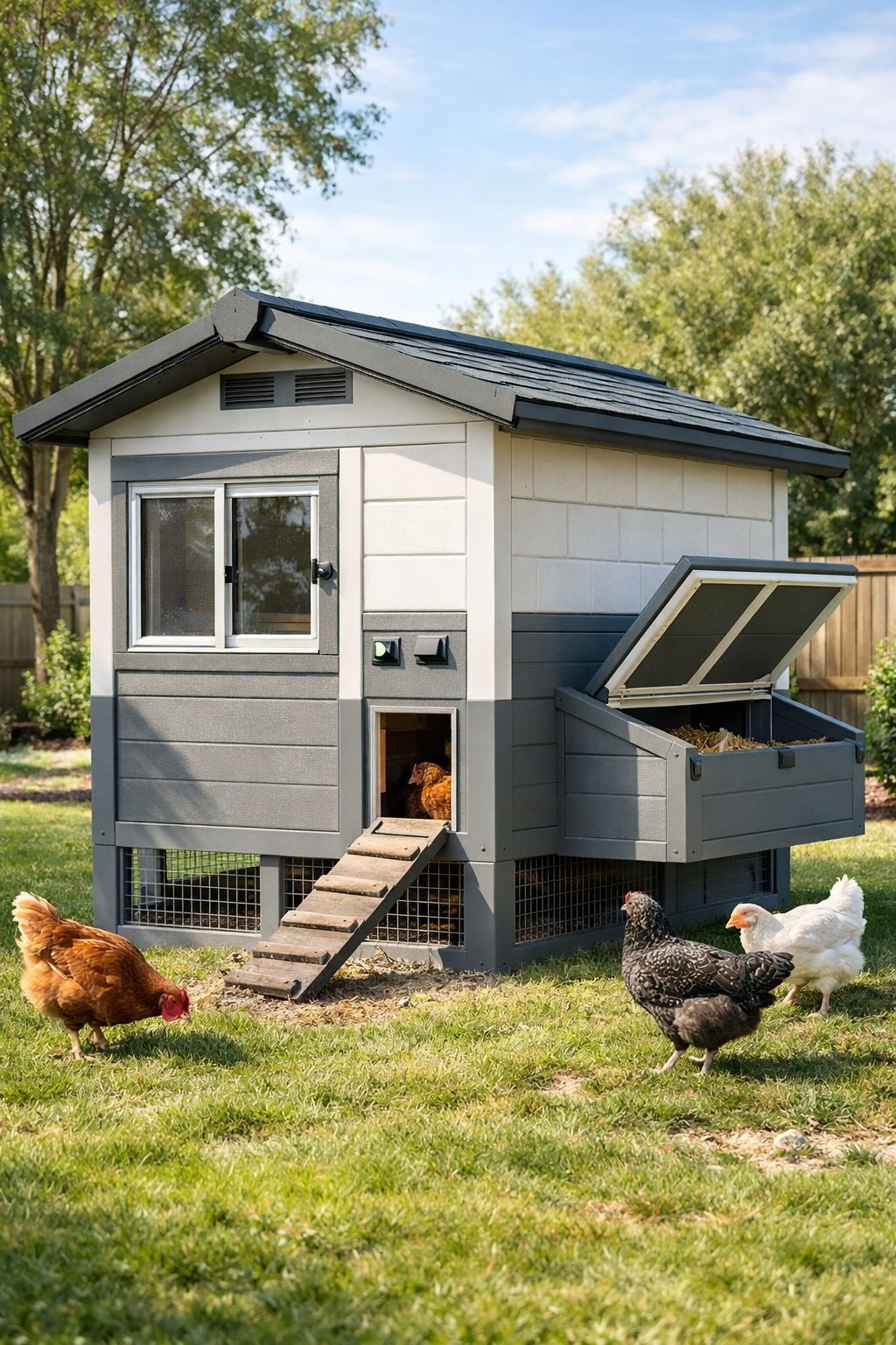 A modern insulated chicken coop in a sunny backyard with chickens nearby.