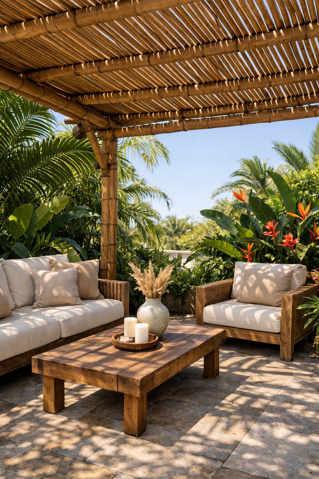 An outdoor patio with a bamboo pergola surrounded by tropical plants and comfortable seating.