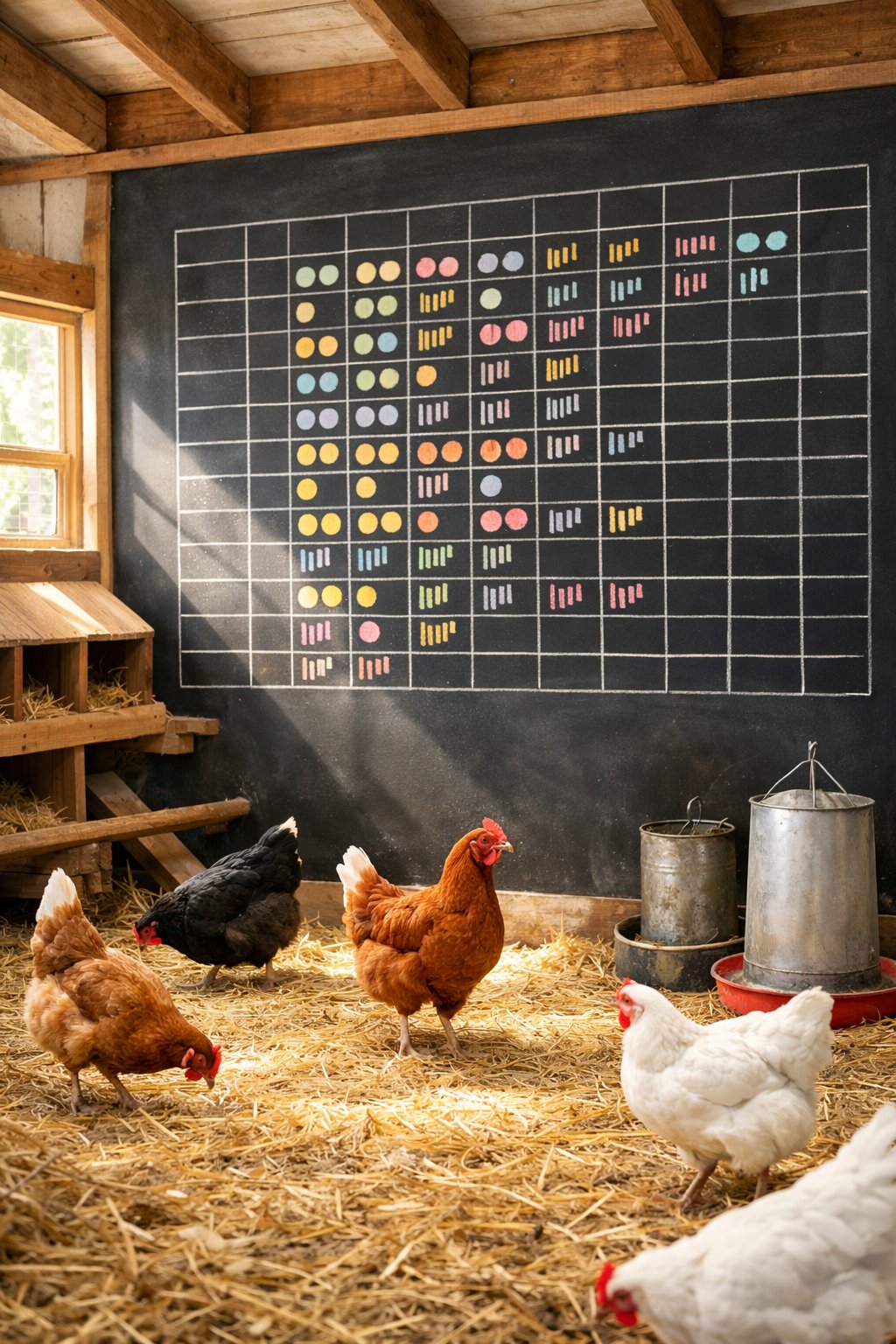 Interior of a chicken coop with a chalkboard wall tracking egg production and chickens walking on straw bedding.
