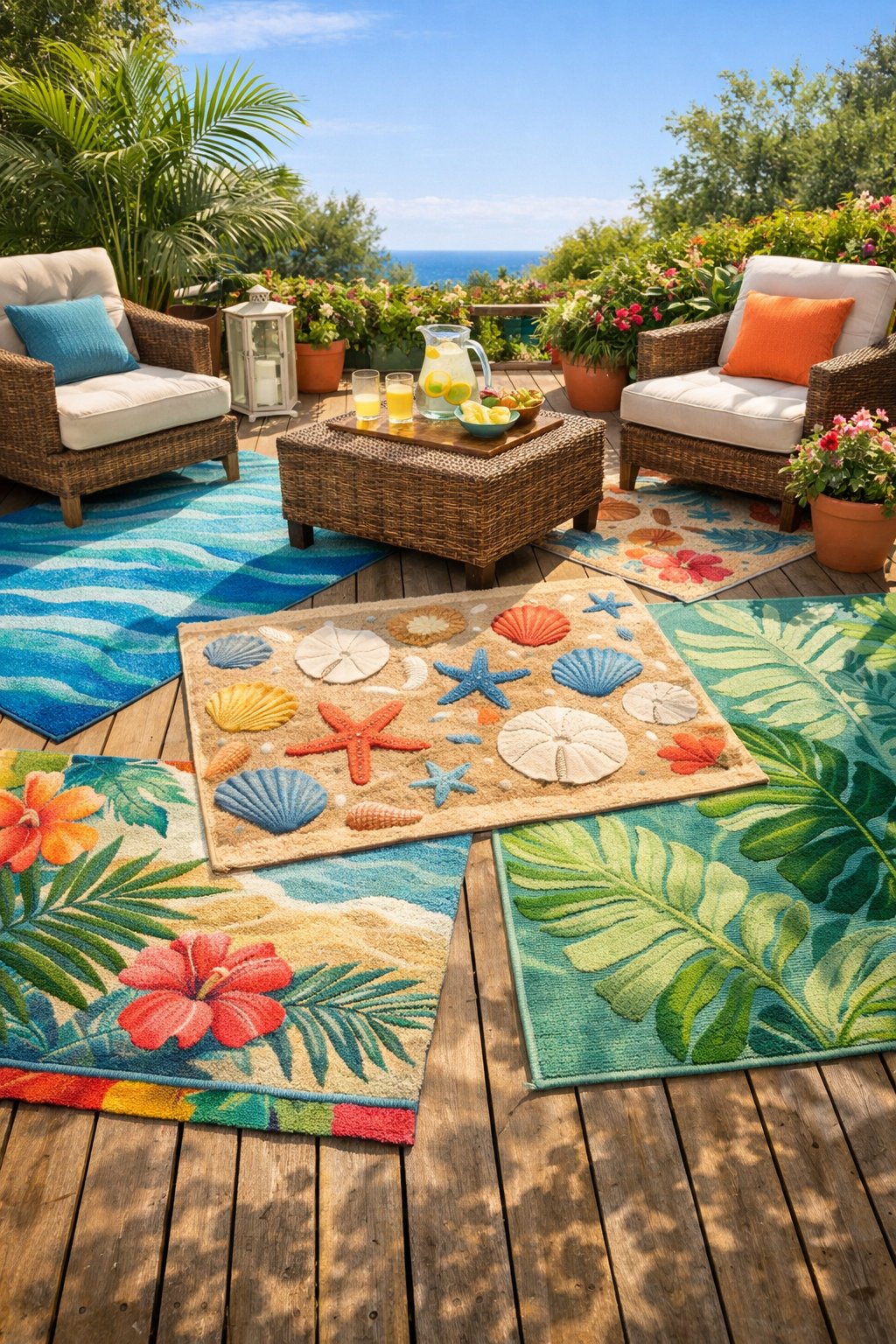 Outdoor patio with colorful patterned rugs laid out on a wooden deck, surrounded by lounge chairs, plants, and a sunny sky.