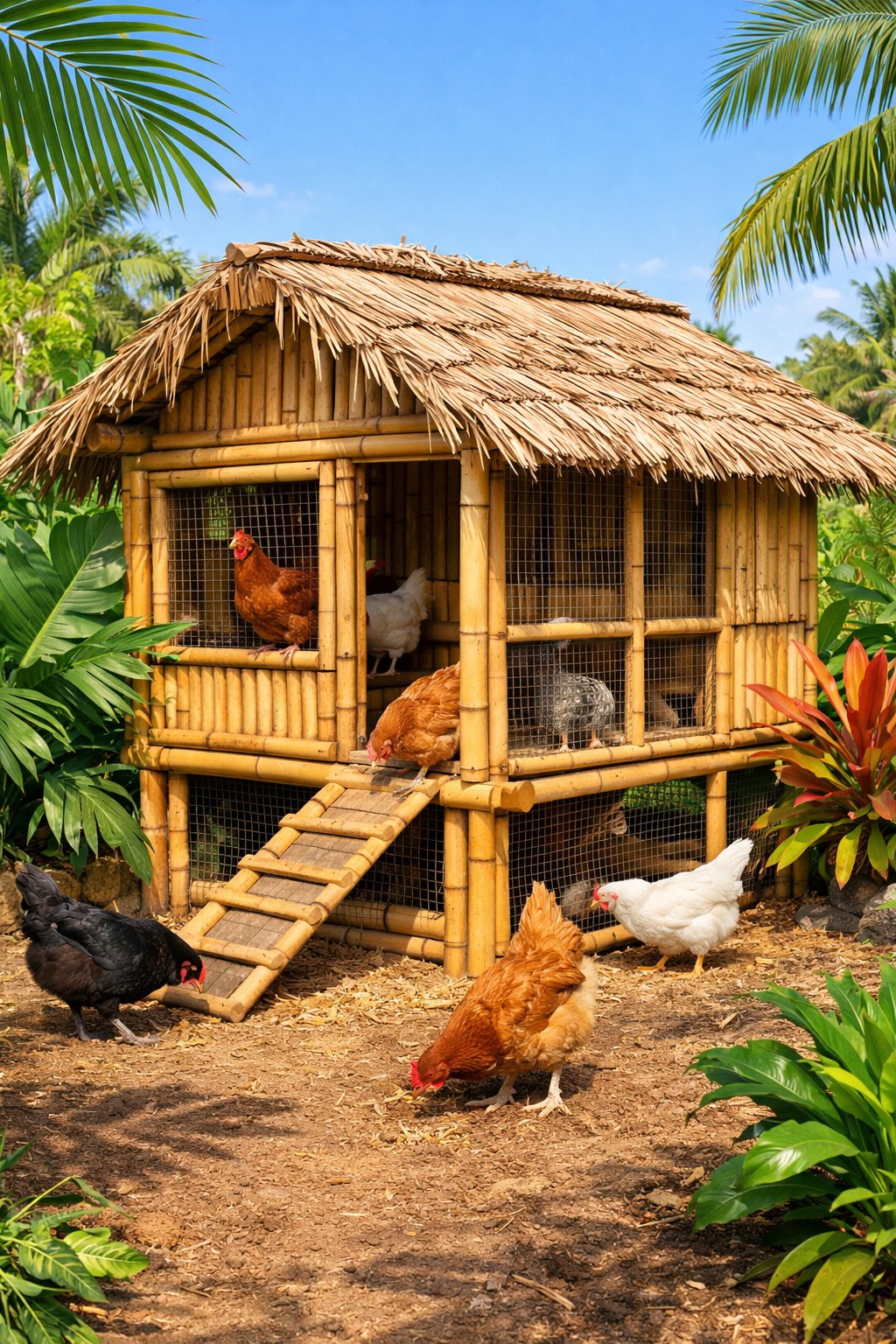 A tropical outdoor chicken coop made of bamboo surrounded by green plants with chickens nearby.