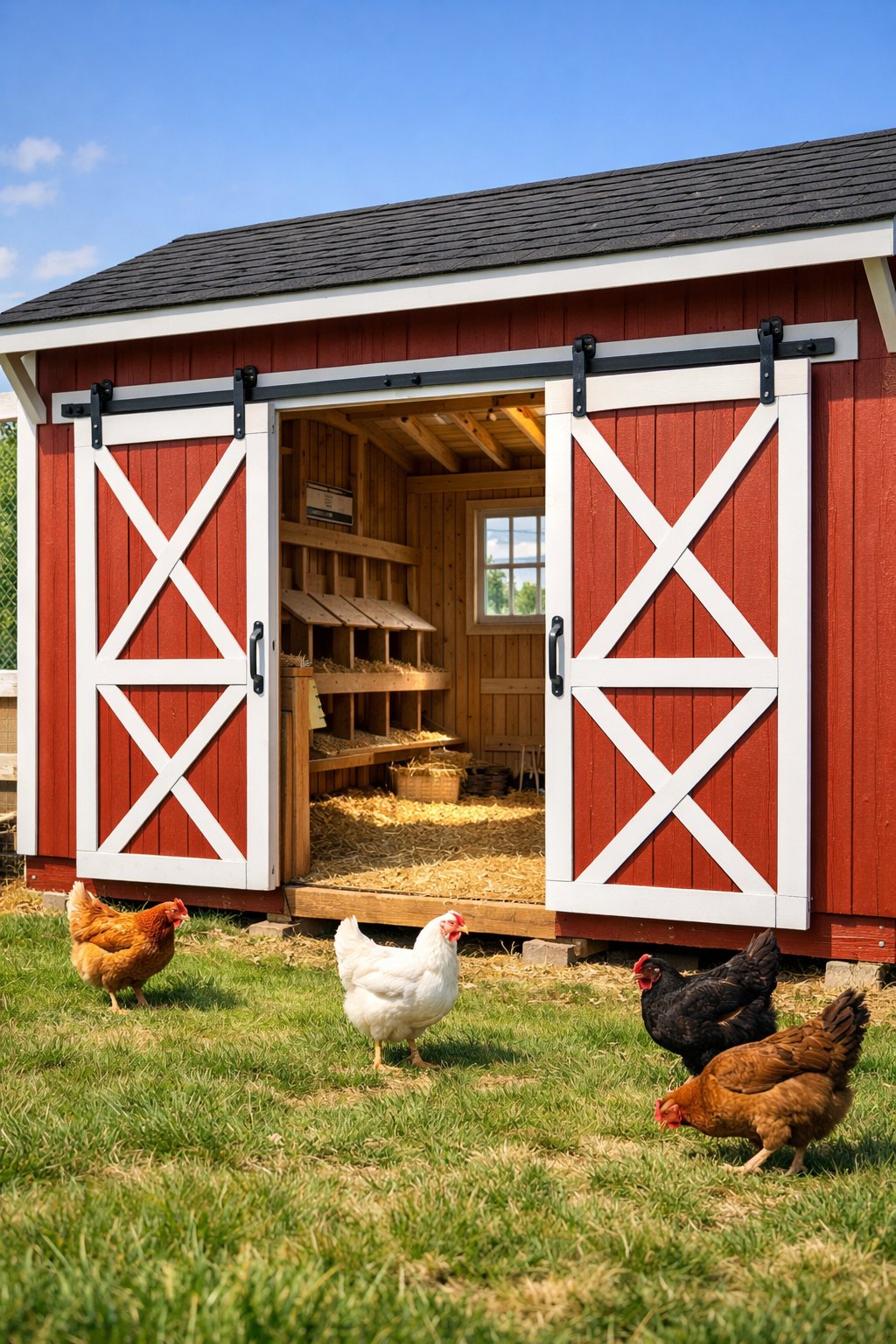 A red wooden barn-style chicken house with sliding doors partially open, surrounded by grass and chickens outside on a sunny day.