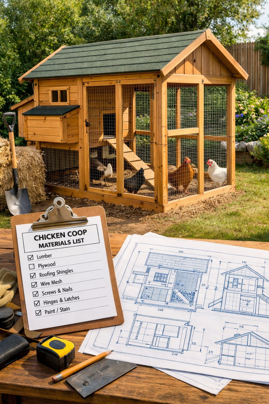 A wooden chicken coop with chickens inside in a sunny backyard, with building plans and tools nearby.