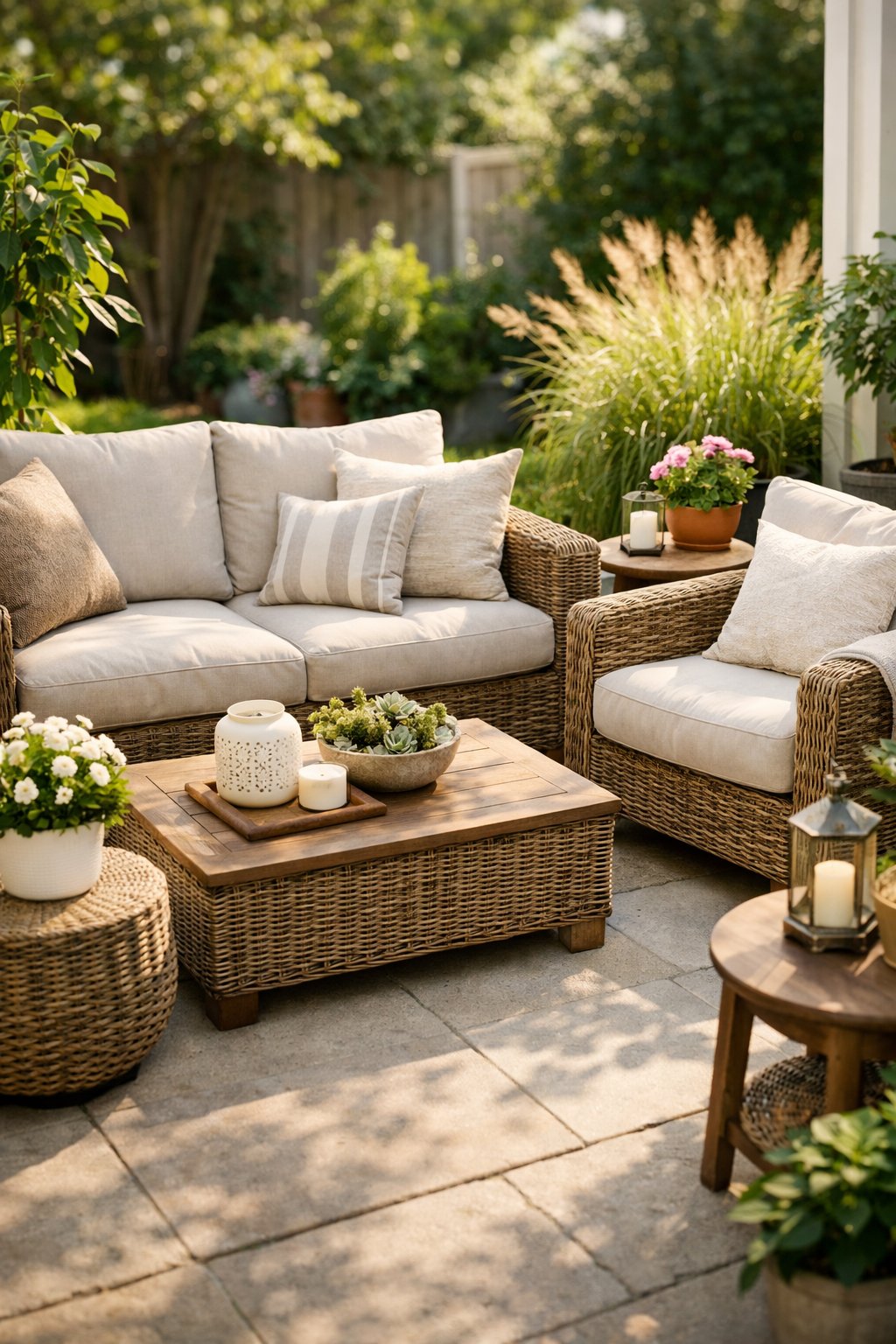 Outdoor patio with wicker furniture and plush cushions surrounded by plants and natural light.