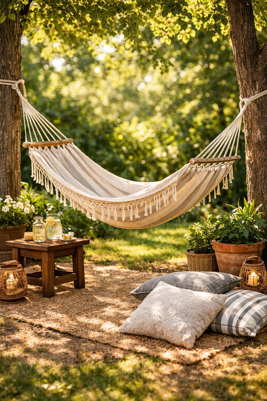A hammock hanging between two trees in a green backyard patio with sunlight filtering through the leaves.