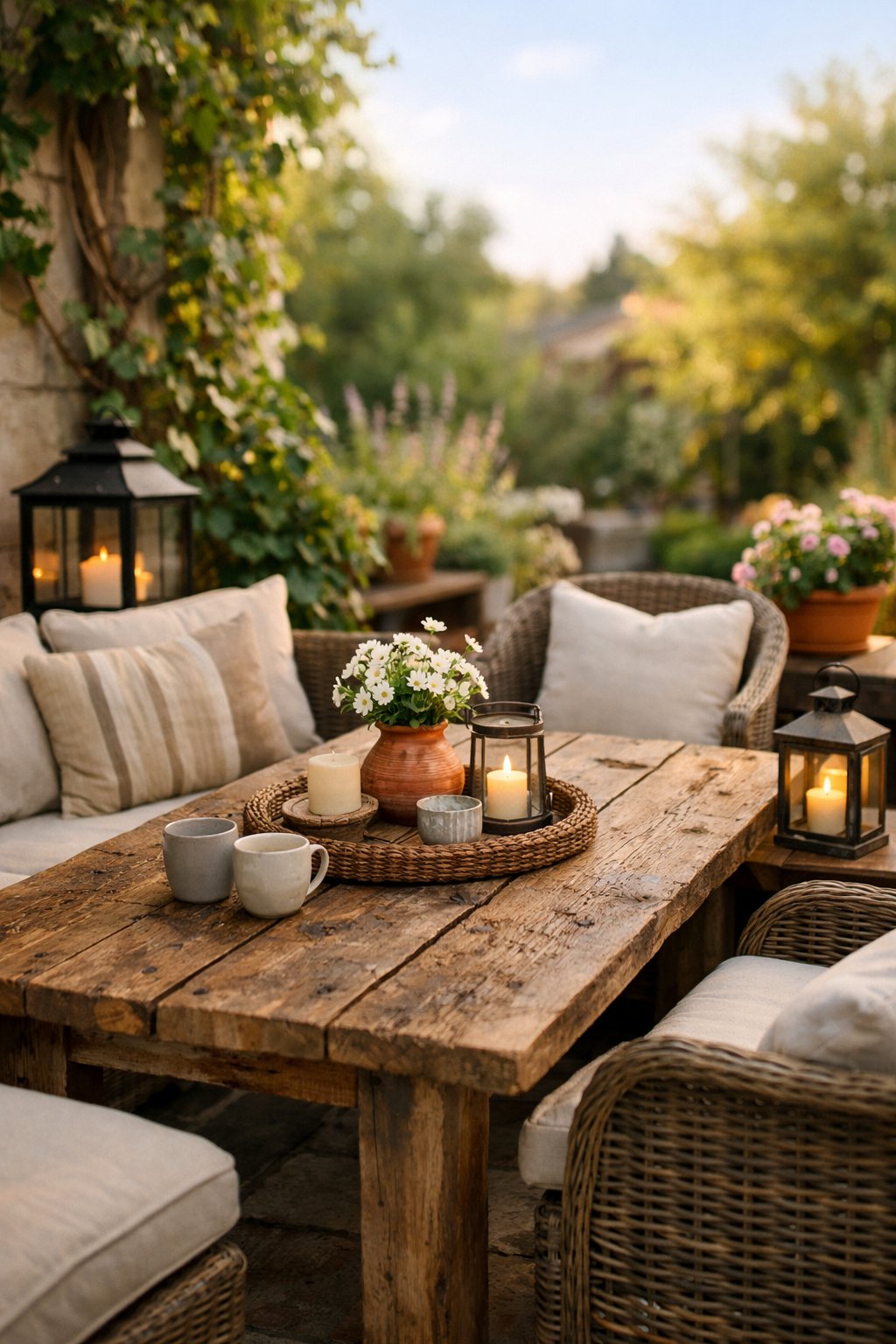 An outdoor dining area with a wooden table and chairs surrounded by plants on a patio.