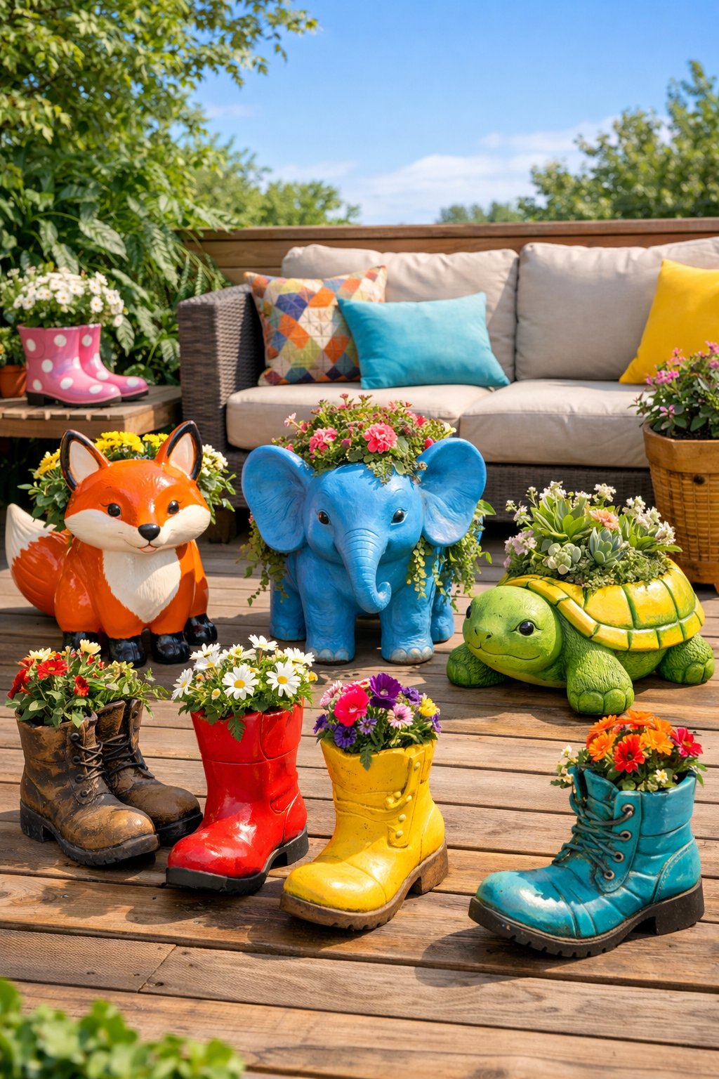Outdoor patio with colorful animal and boot-shaped planters filled with plants, surrounded by seating and greenery.