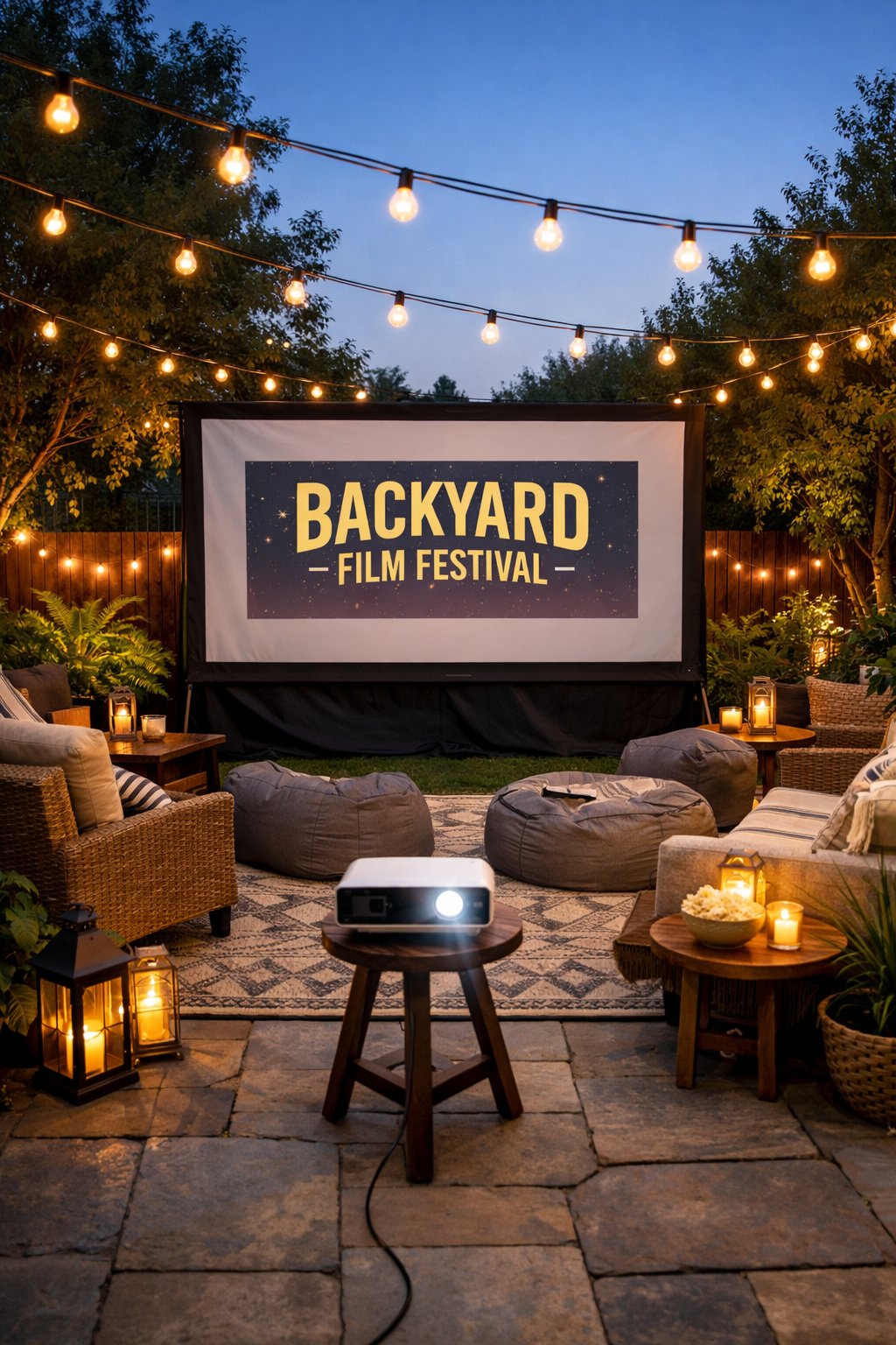 Backyard with a small outdoor movie screen, seating, string lights, and greenery at twilight.
