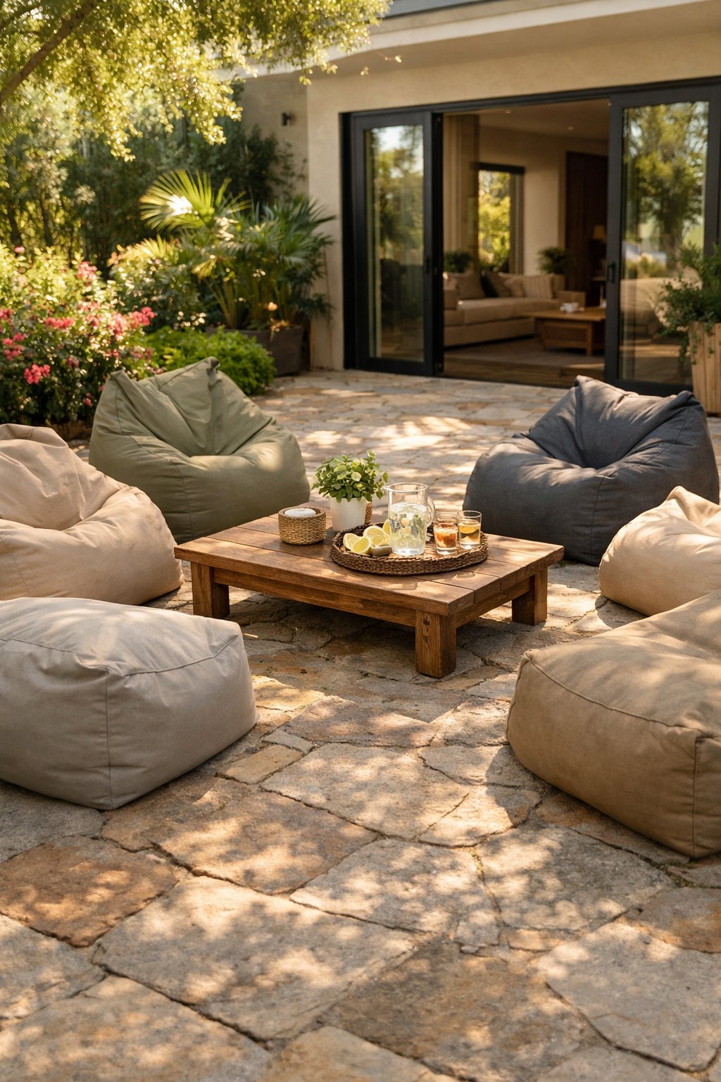Outdoor patio with weather-resistant bean bags arranged around a low table, surrounded by plants and greenery.