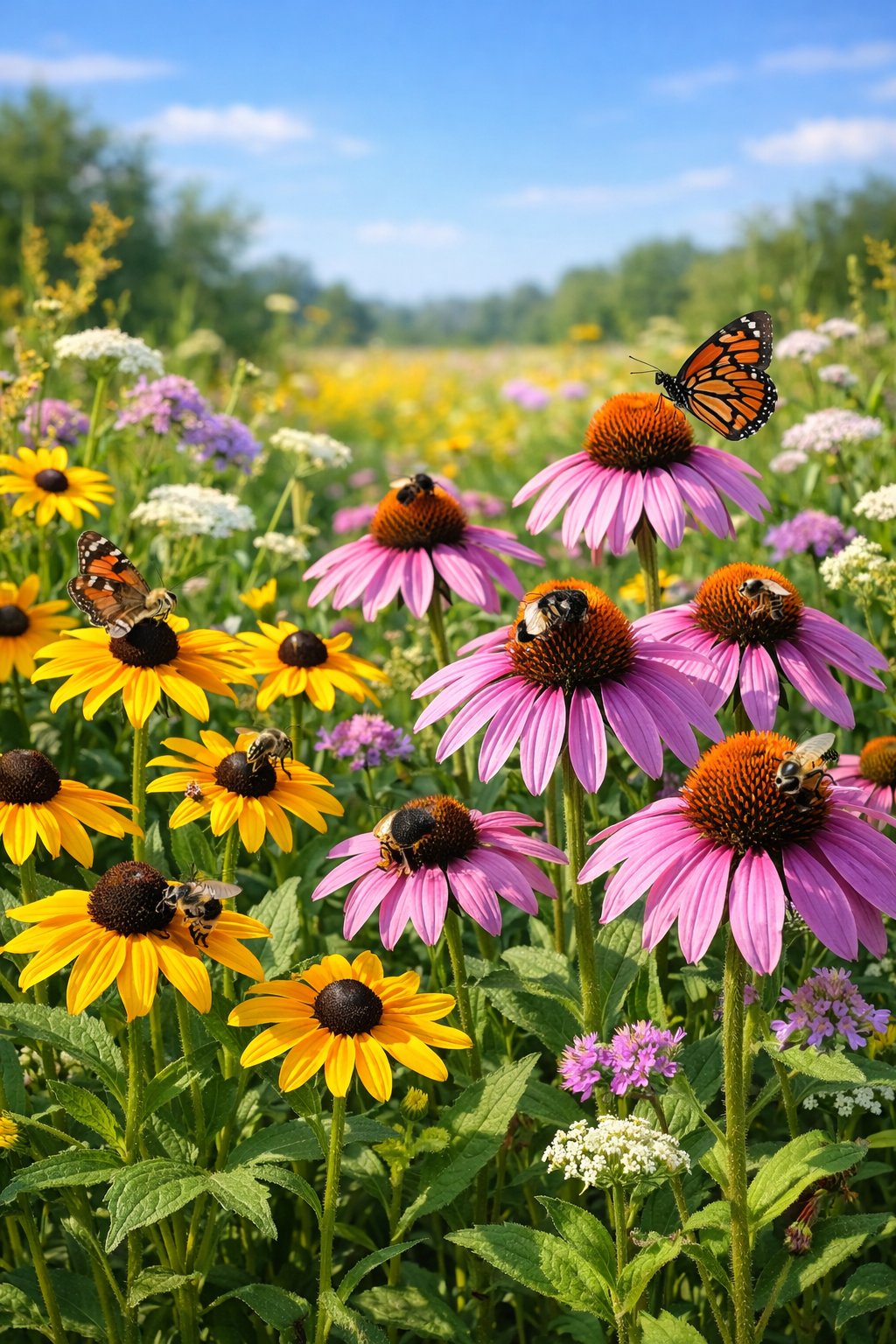 A colorful garden with black-eyed Susans and purple coneflowers attracting bees and butterflies.