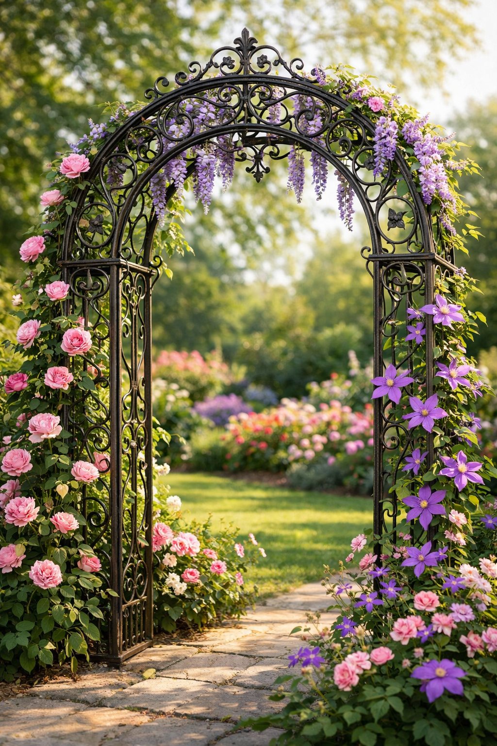 An arched wrought iron garden trellis surrounded by blooming flowers in a lush garden.