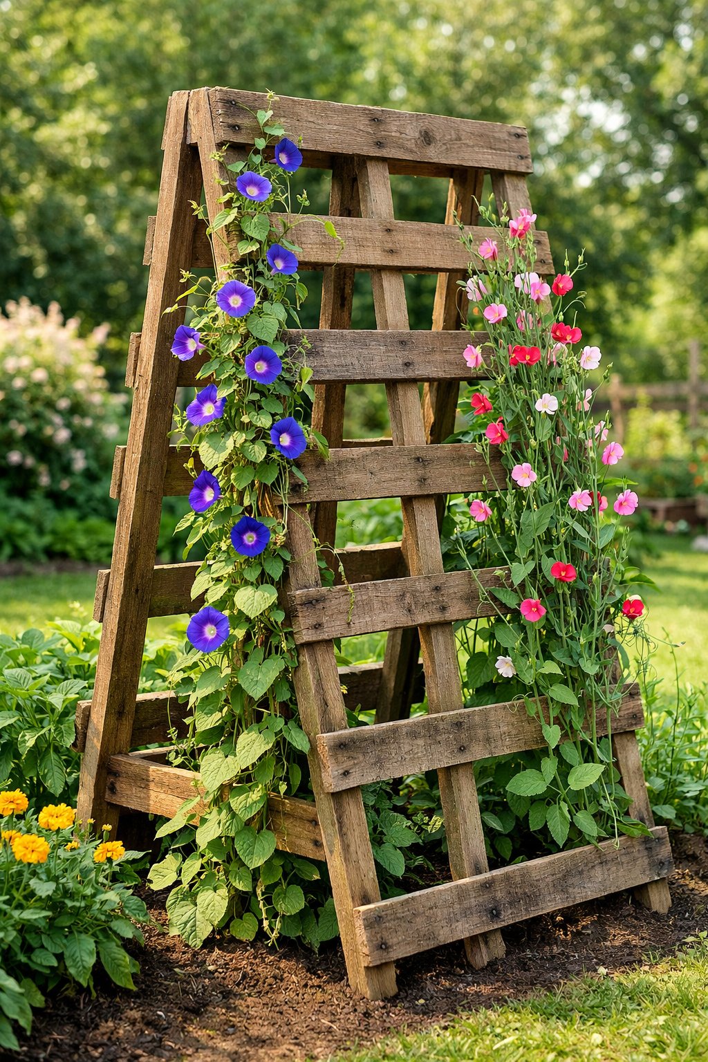 A wooden pallet trellis in a garden with climbing flowers and green plants around it.