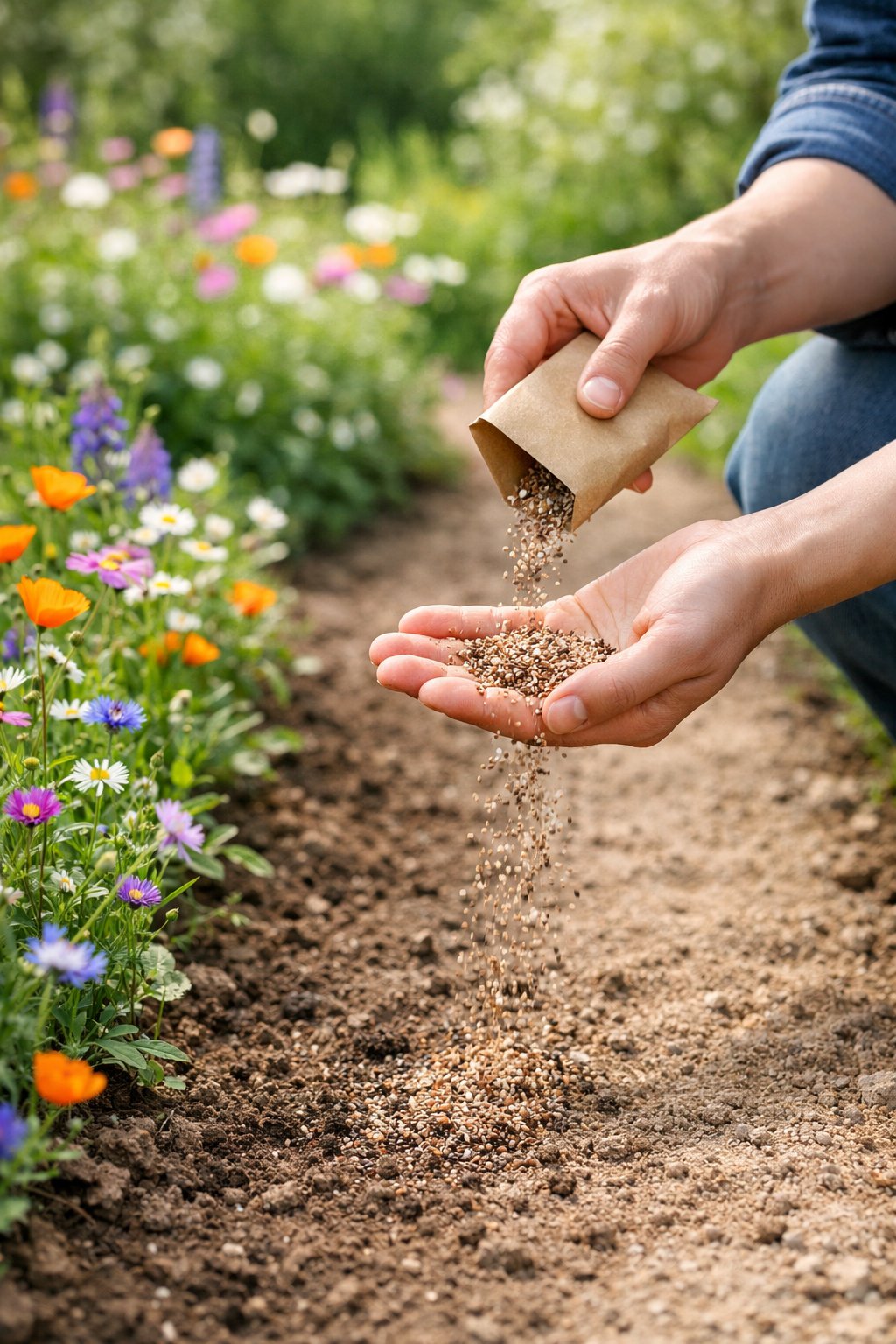 Hands scattering wildflower seeds along a garden path bordered by blooming wildflowers and greenery.