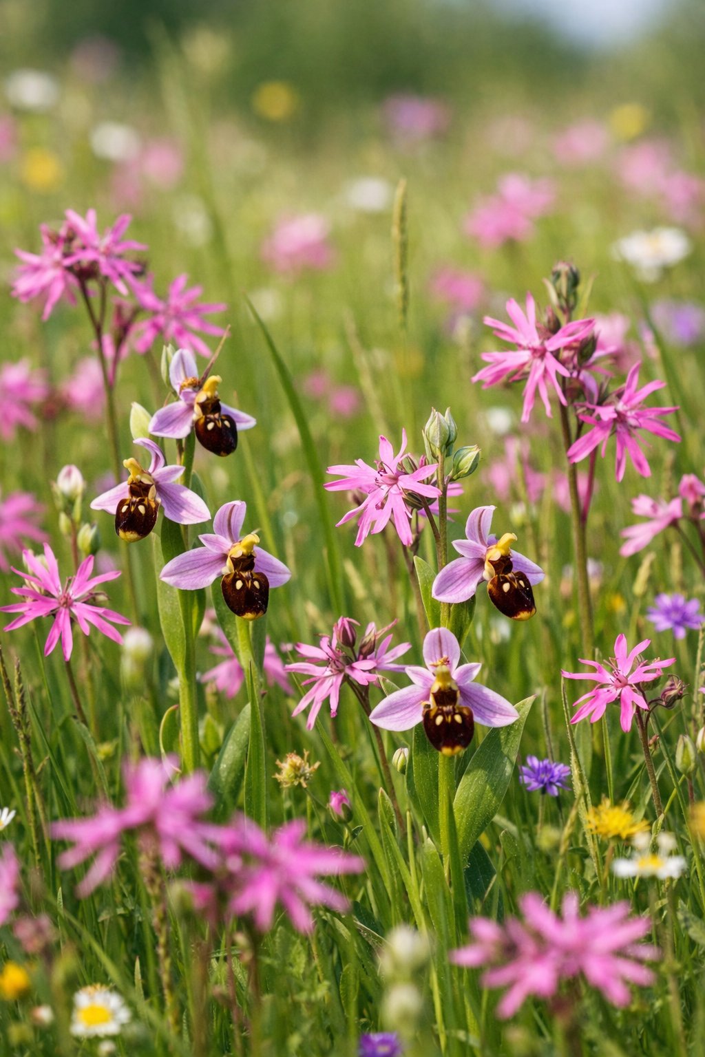 A meadow filled with bee orchids and ragged robin wildflowers under natural sunlight.