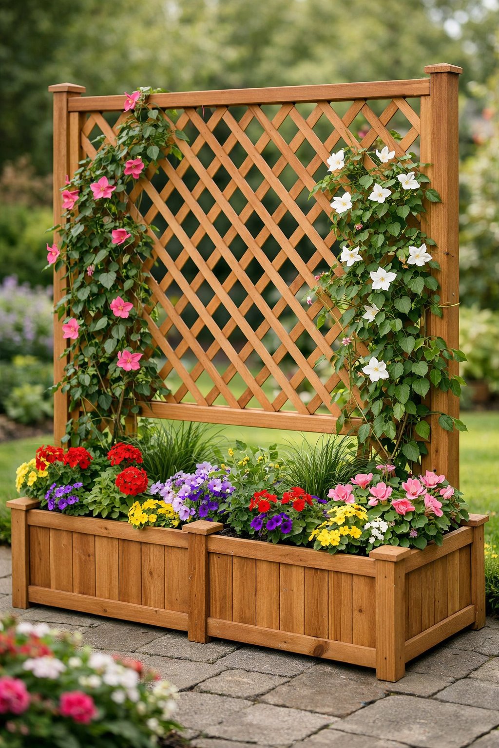 A wooden garden trellis with built-in planter boxes filled with flowering plants and greenery in a garden setting.