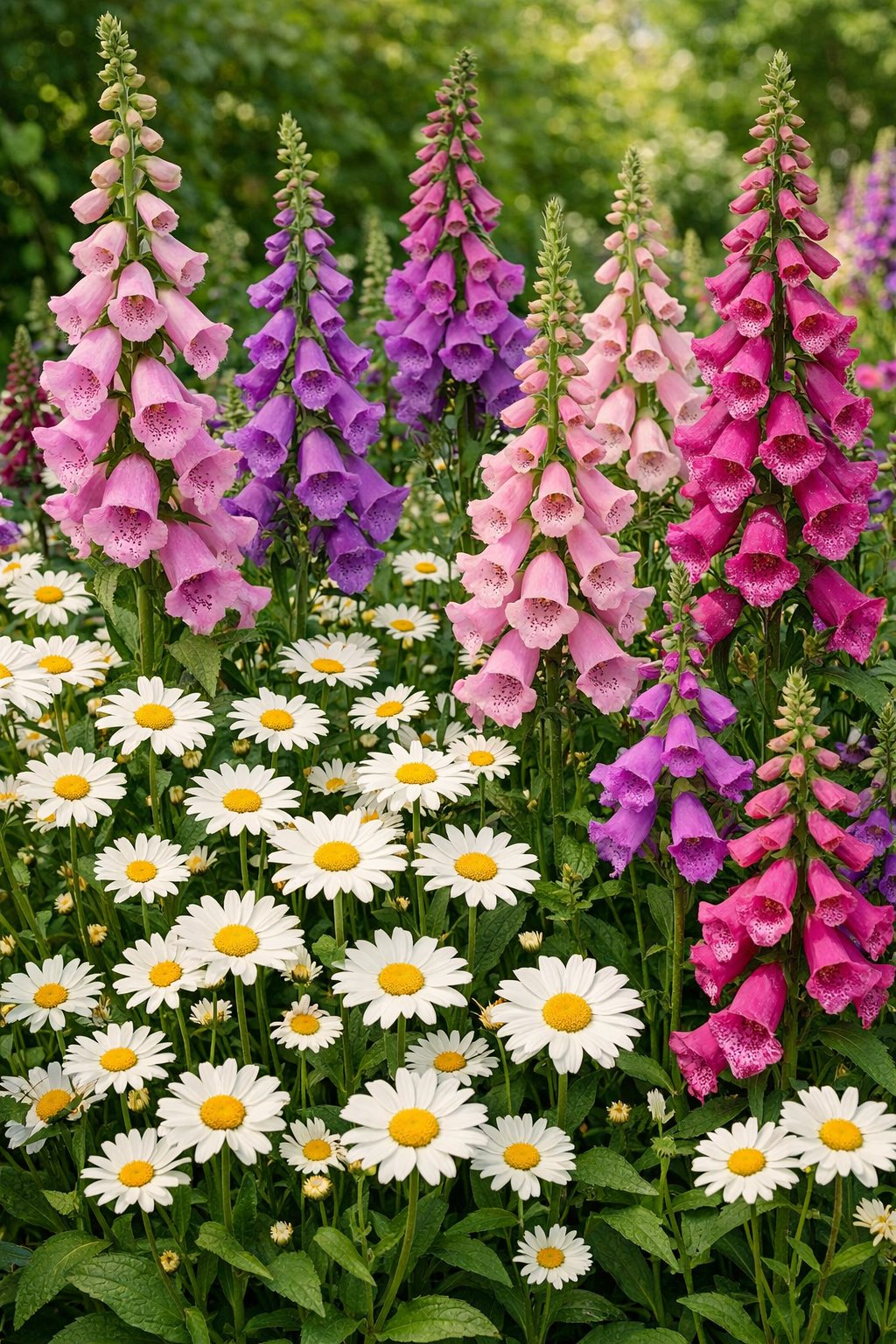A garden border filled with blooming pink and purple foxgloves and white daisies surrounded by green leaves.