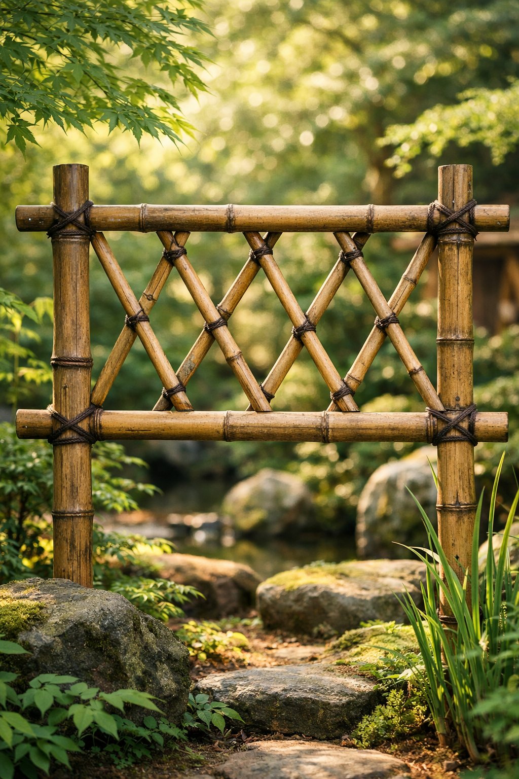 A bamboo trellis surrounded by green plants in a peaceful garden setting.