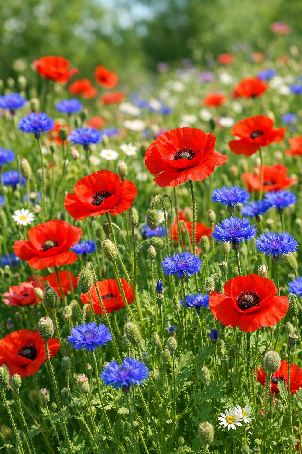 A colorful wildflower garden with bright red poppies and blue cornflowers blooming among green plants.