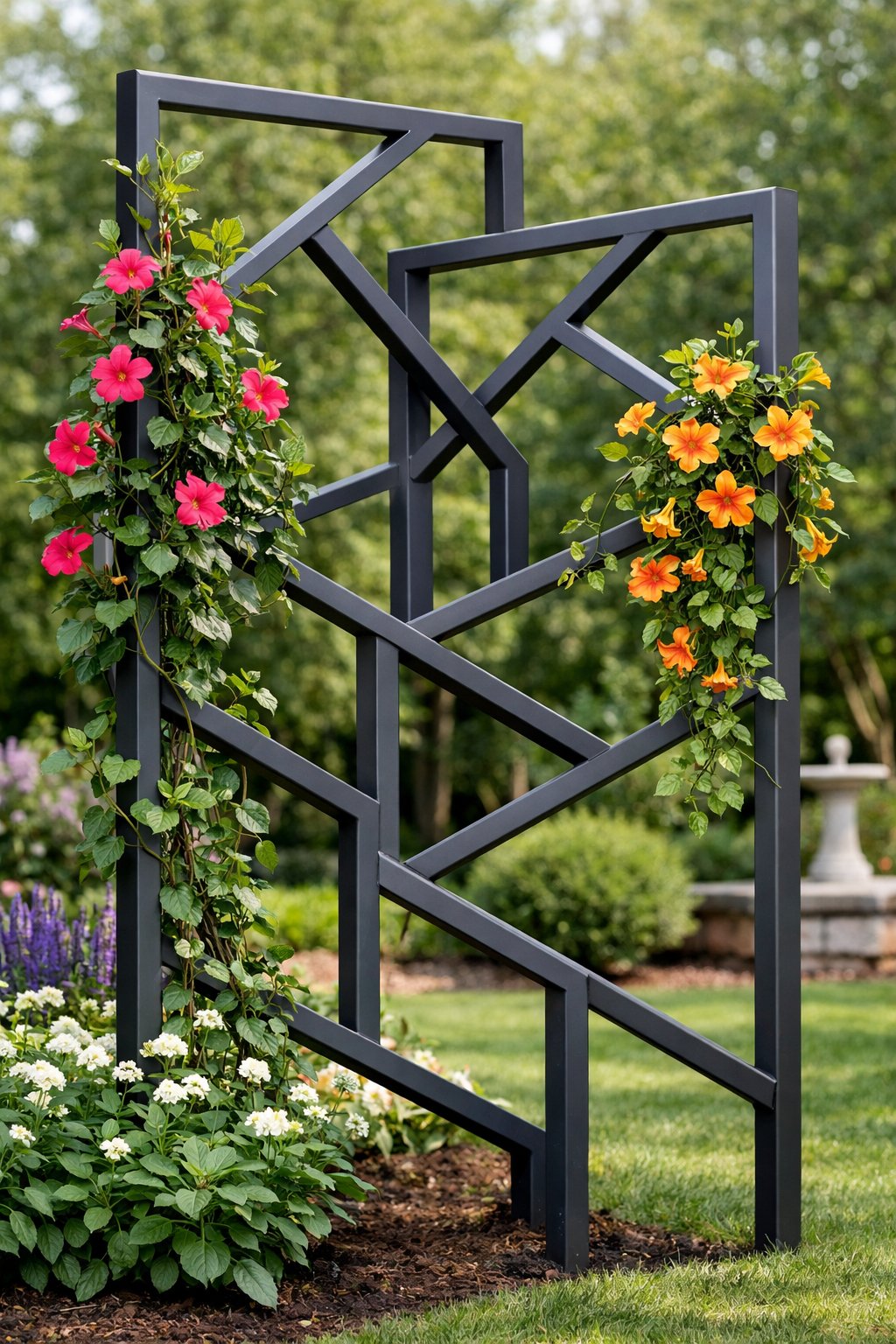 A metal garden trellis with climbing plants and flowers in a green garden setting.