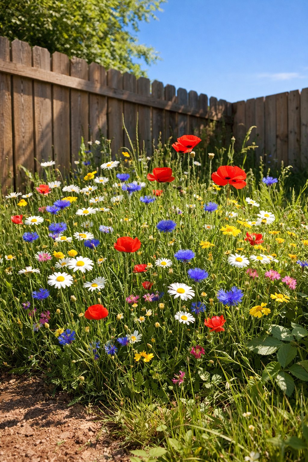 A sunny backyard corner filled with colorful wildflowers blooming among green grass and plants.
