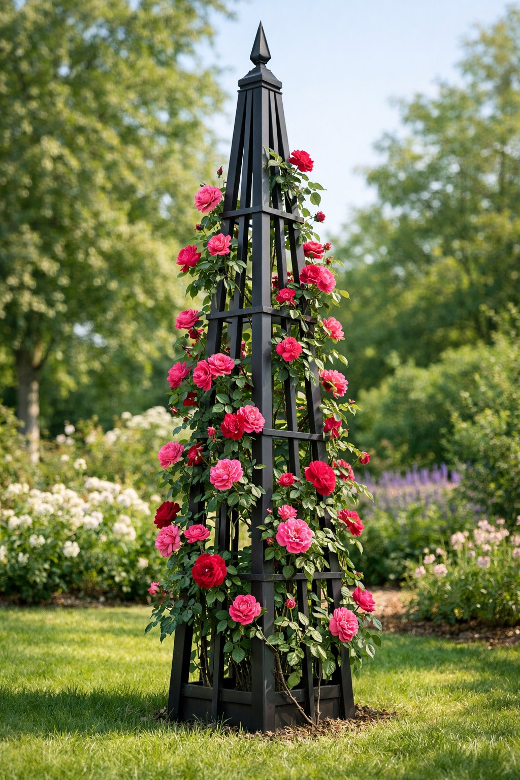 Tall obelisk trellis supporting climbing roses in a vibrant garden with green grass and flowering plants.