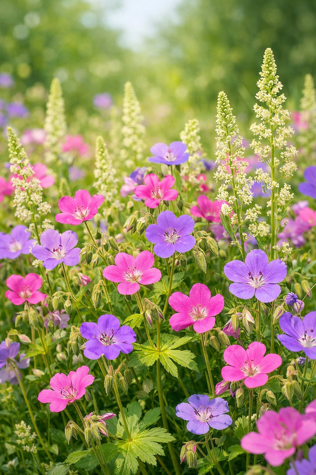 A sunlit wildflower garden with pink and purple meadow cranesbill and green wild mignonette flowers in full bloom.