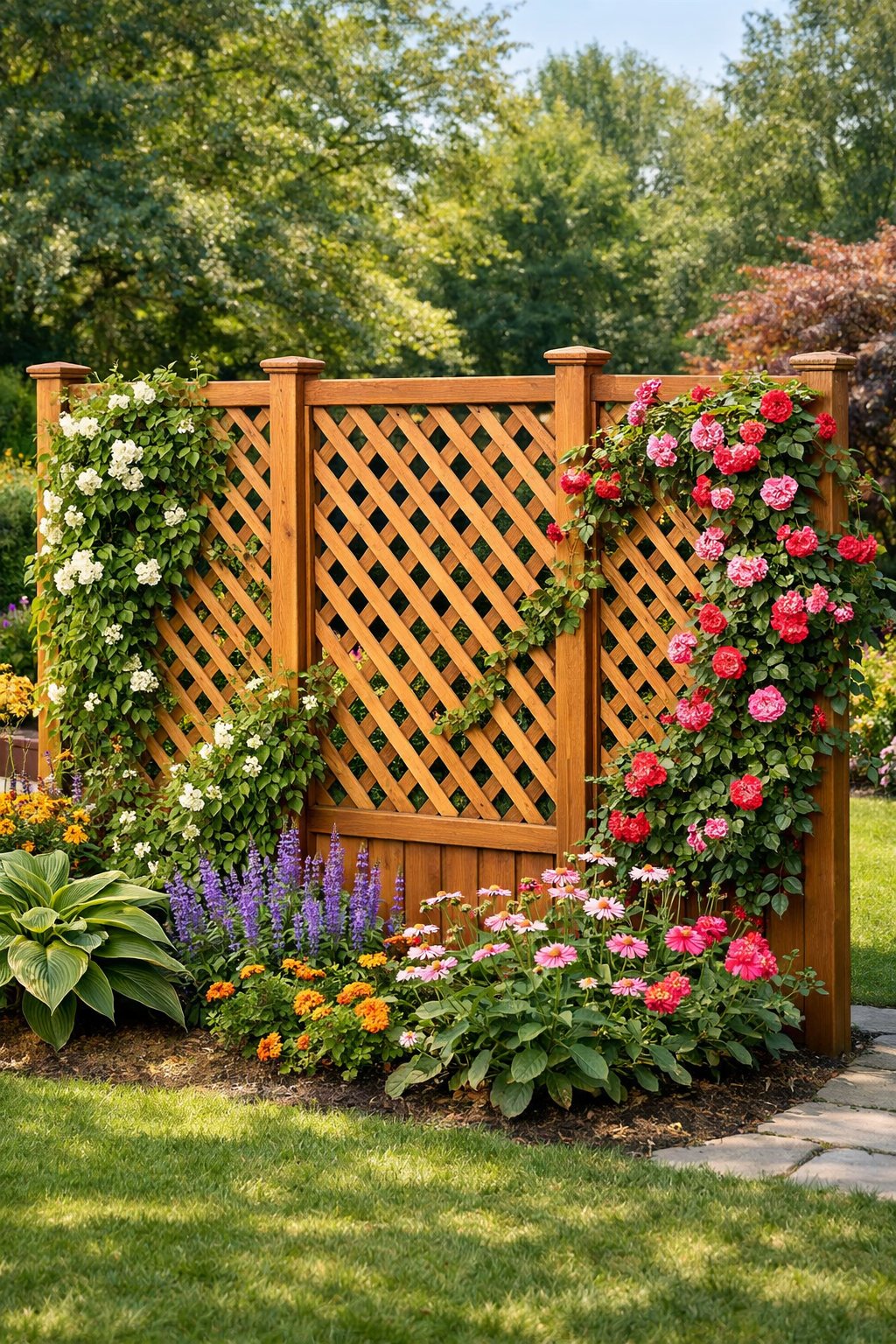 A garden with a wooden privacy trellis covered in green climbing plants and flowers, surrounded by colorful plants and a trimmed lawn.